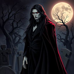 A striking vampire character design for a gothic novel cover, featuring a tall, elegant vampire with long, flowing black hair and piercing crimson eyes