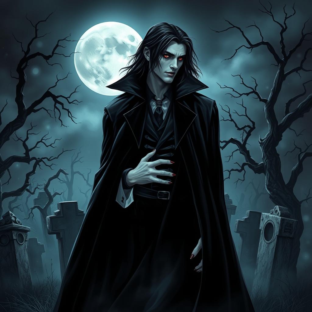 A striking vampire character design for a gothic novel cover, featuring a tall, elegant vampire with long, flowing black hair and piercing crimson eyes