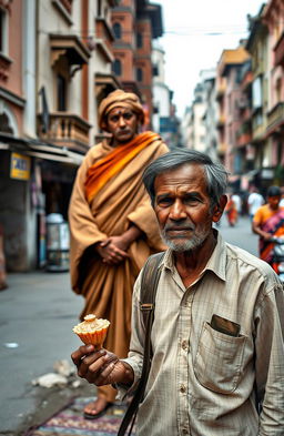 A scene set in the old city of Kolkata, featuring an Indian tea seller who appears poor, holding a conch shell in one hand