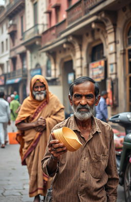 A scene set in the old city of Kolkata, featuring an Indian tea seller who appears poor, holding a conch shell in one hand