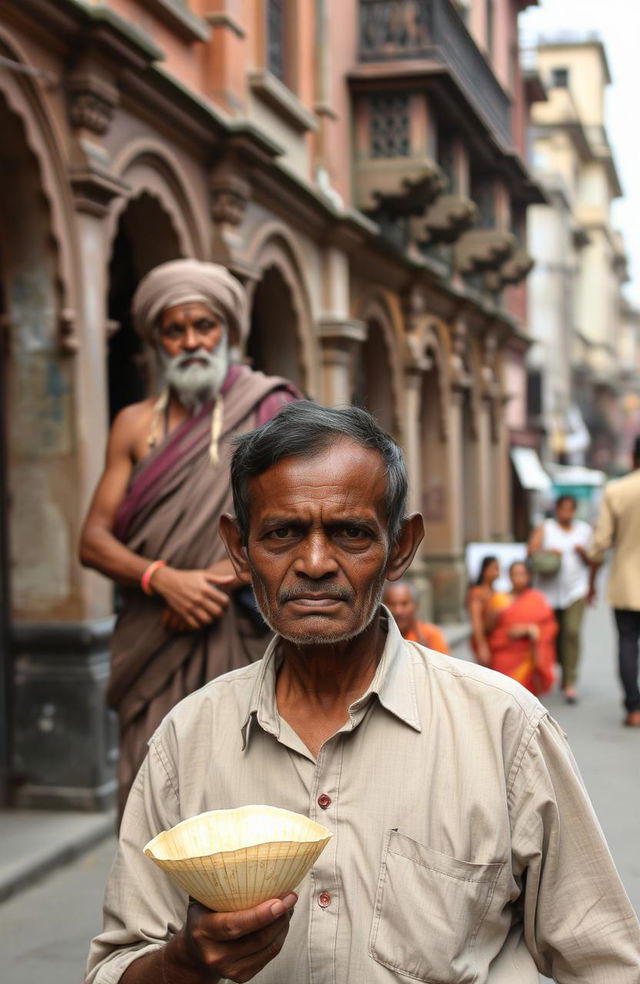 A scene set in the old city of Kolkata, featuring an Indian tea seller who appears poor, holding a conch shell in one hand