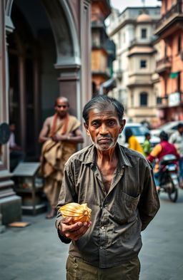 A scene set in the old city of Kolkata, featuring an Indian tea seller who appears poor, holding a conch shell in one hand