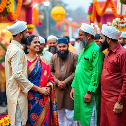 A vibrant cultural scene featuring a Hindu woman wearing a traditional saree adorned with bright colors and intricate patterns, smiling and interacting with several Muslim men dressed in varying traditional attire such as kurtas and sherwanis