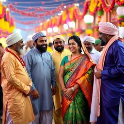 A vibrant cultural scene featuring a Hindu woman wearing a traditional saree adorned with bright colors and intricate patterns, smiling and interacting with several Muslim men dressed in varying traditional attire such as kurtas and sherwanis
