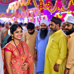 A vibrant cultural scene featuring a Hindu woman wearing a traditional saree adorned with bright colors and intricate patterns, smiling and interacting with several Muslim men dressed in varying traditional attire such as kurtas and sherwanis