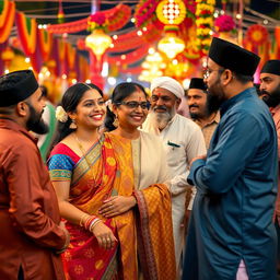 A vibrant cultural scene featuring a Hindu woman wearing a traditional saree adorned with bright colors and intricate patterns, smiling and interacting with several Muslim men dressed in varying traditional attire such as kurtas and sherwanis