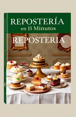 An elegant ebook cover for 'Repostería en 15 Minutos', showcasing a variety of delightful desserts such as cakes, pastries, and tarts arranged artfully on a vintage table