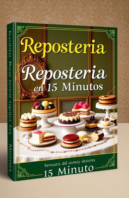 An elegant ebook cover for 'Repostería en 15 Minutos', showcasing a variety of delightful desserts such as cakes, pastries, and tarts arranged artfully on a vintage table