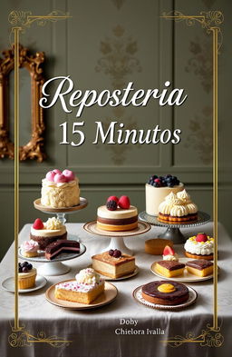 An elegant ebook cover for 'Repostería en 15 Minutos', showcasing a variety of delightful desserts such as cakes, pastries, and tarts arranged artfully on a vintage table