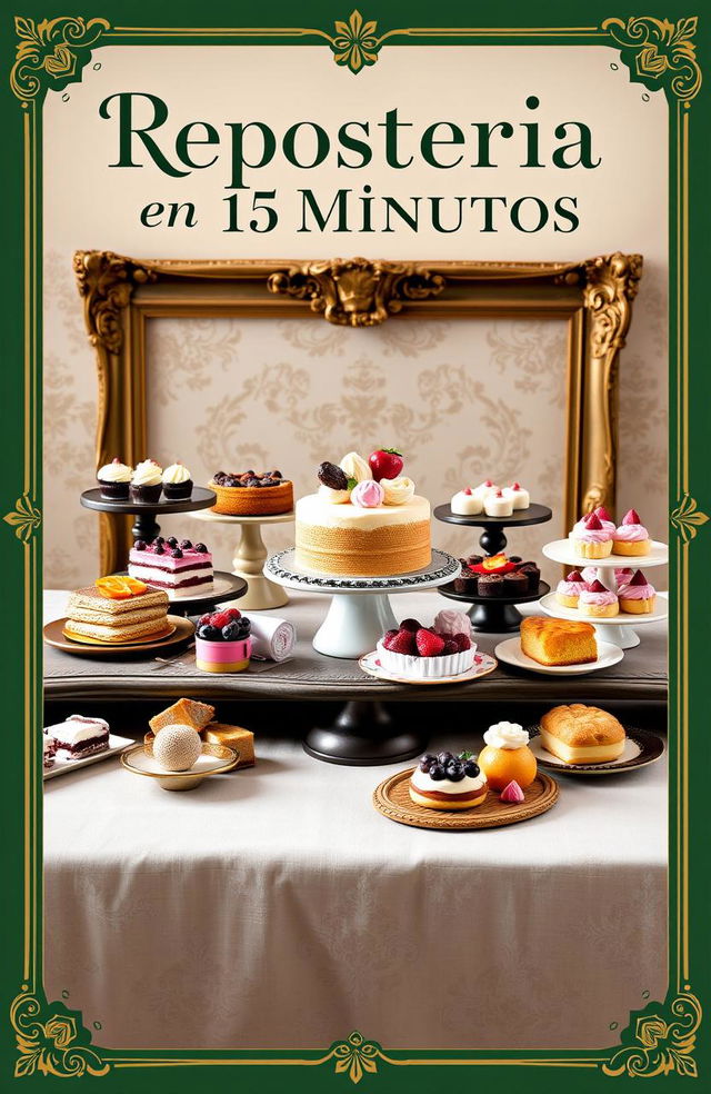 An elegant ebook cover for 'Repostería en 15 Minutos', showcasing a variety of delightful desserts such as cakes, pastries, and tarts arranged artfully on a vintage table