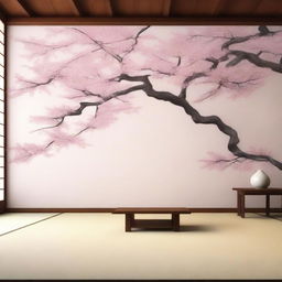 An image of a serene Japanese style house interior, featuring a beautiful Sakura tree in full bloom