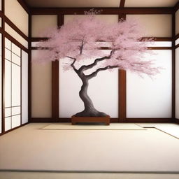 An image of a serene Japanese style house interior, featuring a beautiful Sakura tree in full bloom