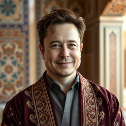 A striking portrait of Elon Musk reimagined as an Iranian actor, wearing traditional Iranian clothing with intricate patterns and rich colors