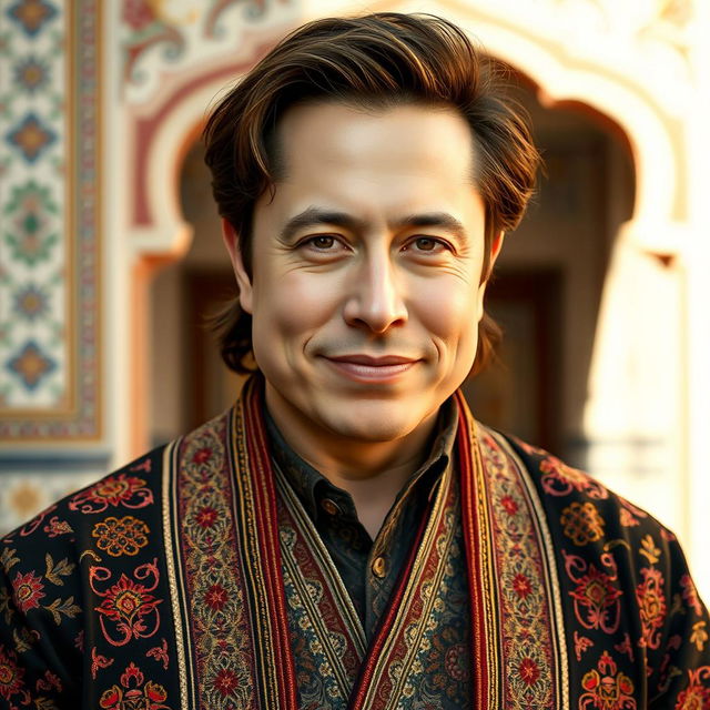 A striking portrait of Elon Musk reimagined as an Iranian actor, wearing traditional Iranian clothing with intricate patterns and rich colors