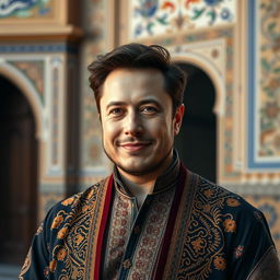 A striking portrait of Elon Musk reimagined as an Iranian actor, wearing traditional Iranian clothing with intricate patterns and rich colors