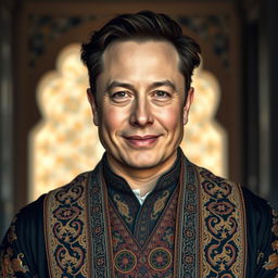 A striking portrait of Elon Musk reimagined as an Iranian actor, wearing traditional Iranian clothing with intricate patterns and rich colors