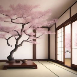 An image of a serene Japanese style house interior, featuring a beautiful Sakura tree in full bloom