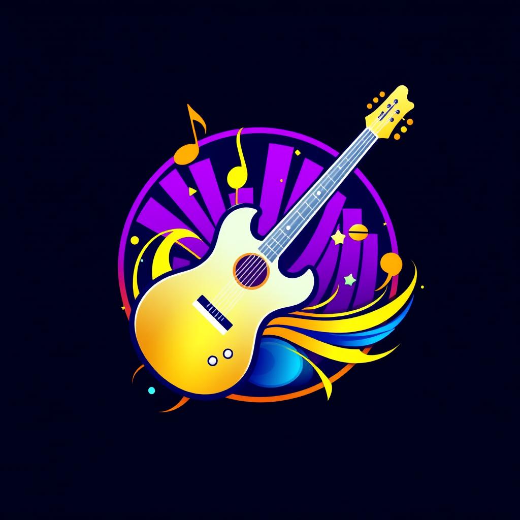 A vibrant and dynamic logo design representing music, featuring elements such as musical notes, a guitar, and a vibrant soundwave pattern