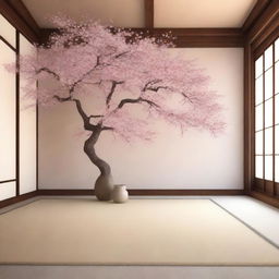 An image of a serene Japanese style house interior, featuring a beautiful Sakura tree in full bloom