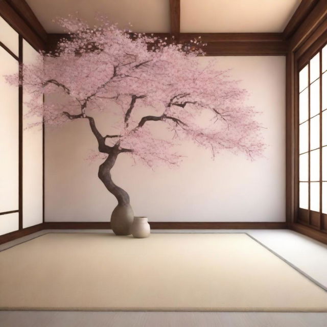 An image of a serene Japanese style house interior, featuring a beautiful Sakura tree in full bloom