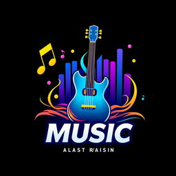 A vibrant and dynamic logo design representing music, featuring elements such as musical notes, a guitar, and a vibrant soundwave pattern