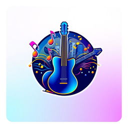 A vibrant and dynamic logo design representing music, featuring elements such as musical notes, a guitar, and a vibrant soundwave pattern