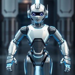 A modern, sleek robot with a polished metallic body, combining silver, white, and blue accents, standing upright at human size