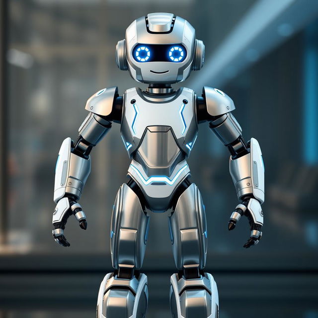 A modern, sleek robot with a polished metallic body, combining silver, white, and blue accents, standing upright at human size