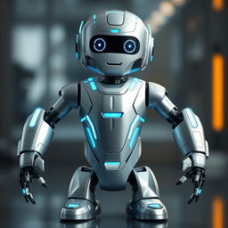 A modern, sleek robot with a polished metallic body, combining silver, white, and blue accents, standing upright at human size