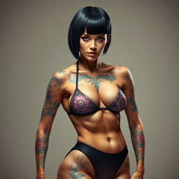 A striking depiction of a woman with short, sleek black hair and a fit, well-defined physique, confidently wearing a stylish bikini
