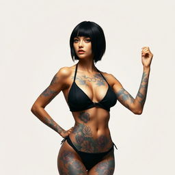 A striking depiction of a woman with short, sleek black hair and a fit, well-defined physique, confidently wearing a stylish bikini
