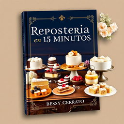 An elegant ebook cover for 'Repostería en 15 Minutos' by Bessy Cerrato, featuring an array of delectable desserts such as cakes, pastries, tarts, and cookies beautifully arranged on an antique wooden table