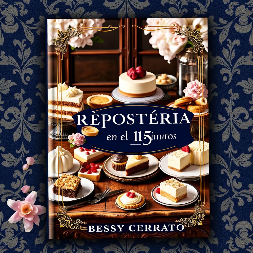 An elegant ebook cover for 'Repostería en 15 Minutos' by Bessy Cerrato, featuring an array of delectable desserts such as cakes, pastries, tarts, and cookies beautifully arranged on an antique wooden table