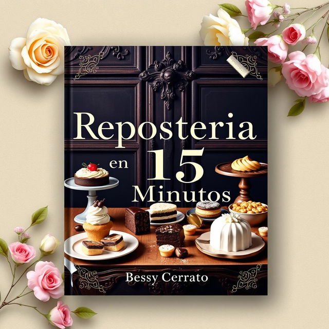 An elegant ebook cover for 'Repostería en 15 Minutos' by Bessy Cerrato, featuring an array of delectable desserts such as cakes, pastries, tarts, and cookies beautifully arranged on an antique wooden table