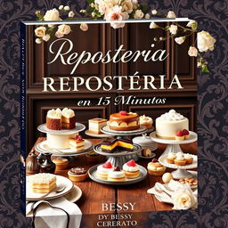 An elegant ebook cover for 'Repostería en 15 Minutos' by Bessy Cerrato, featuring an array of delectable desserts such as cakes, pastries, tarts, and cookies beautifully arranged on an antique wooden table
