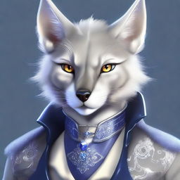 A digital art of a silver-furred harengon with hazel eyes that sparkle with intelligence and charm