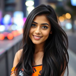 A stylish portrait of a young woman named Ayushi, with long, flowing black hair and expressive brown eyes