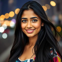 A stylish portrait of a young woman named Ayushi, with long, flowing black hair and expressive brown eyes