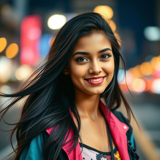 A stylish portrait of a young woman named Ayushi, with long, flowing black hair and expressive brown eyes