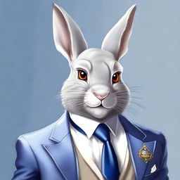 A high-quality digital art of a silver-furred rabbitfolk, his hazel eyes twinkling with wit and charm