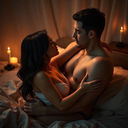 A sensual and romantic depiction of intimate connection between two adults, focusing on emotional closeness and subtle suggestiveness without nudity