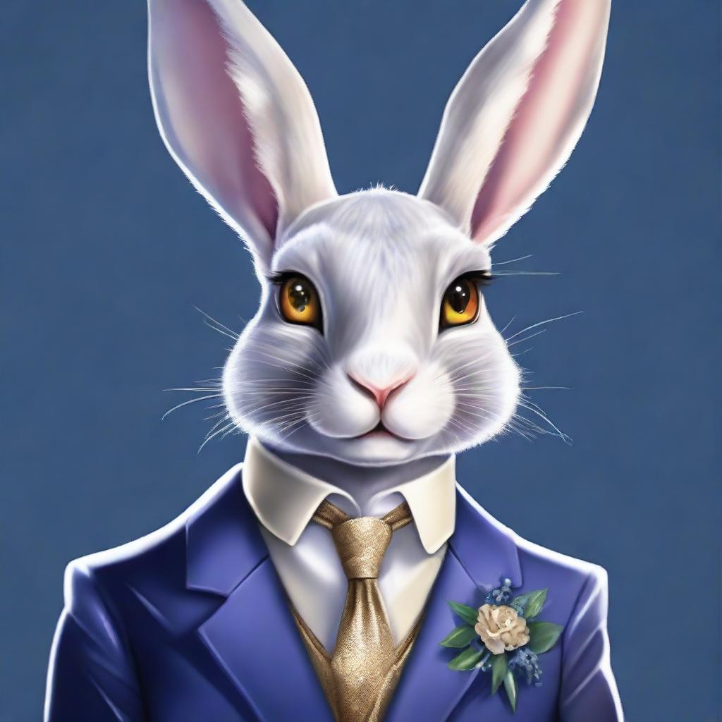 A high-quality digital art of a silver-furred rabbitfolk, his hazel eyes twinkling with wit and charm