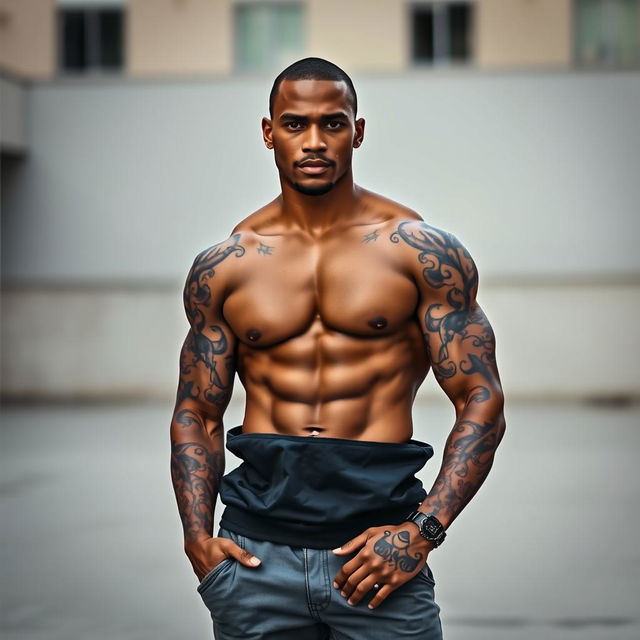 An impressive image of a man with a brown skin tone and a fit, muscular physique, confidently posing without a sweatshirt