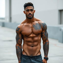 An impressive image of a man with a brown skin tone and a fit, muscular physique, confidently posing without a sweatshirt