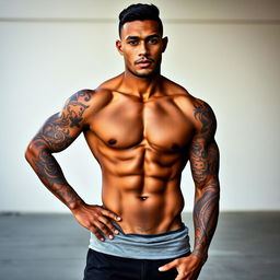 An impressive image of a man with a brown skin tone and a fit, muscular physique, confidently posing without a sweatshirt