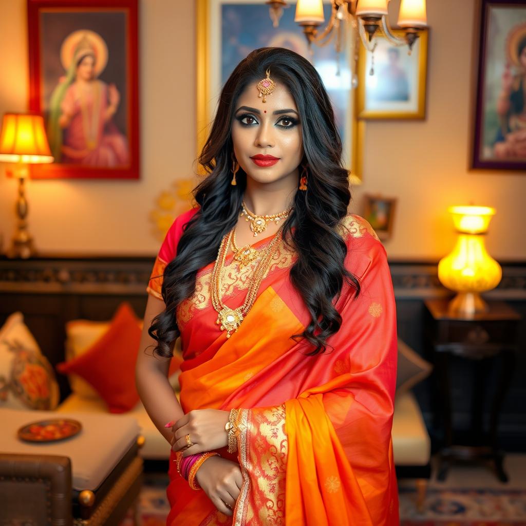 An alluring woman named Ayushi, embodying traditional Hindu elements with a modern twist