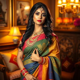 An alluring woman named Ayushi, embodying traditional Hindu elements with a modern twist