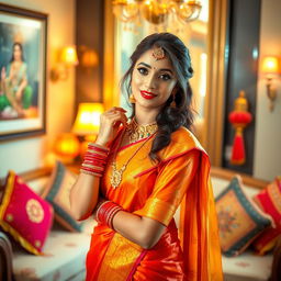 An alluring woman named Ayushi, embodying traditional Hindu elements with a modern twist