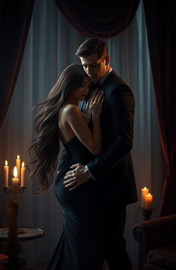 A captivating and atmospheric scene depicting a romantic encounter between two lovers in a dimly lit room