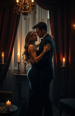 A captivating and atmospheric scene depicting a romantic encounter between two lovers in a dimly lit room